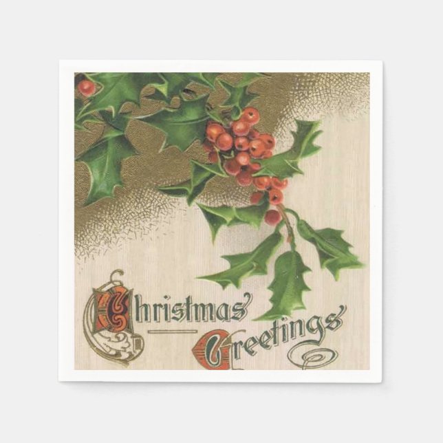 Vintage Christmas Holly paper napkins (Front)