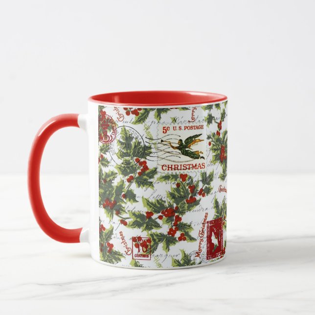 vintage Christmas holly pattern Mug (Left)