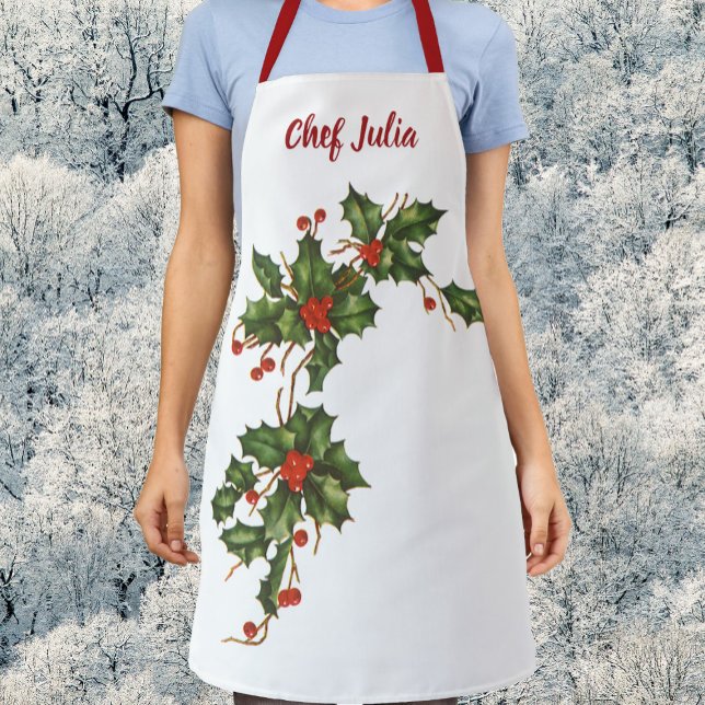 Vintage Christmas, Holly Plant with Red Berries Apron (Creator Uploaded)