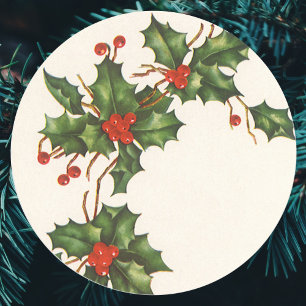 Vintage Christmas, Holly Plant with Red Berries Classic Round Sticker