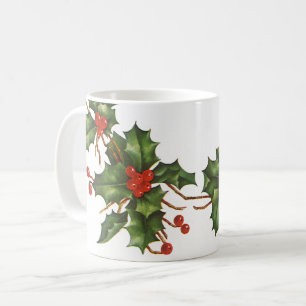 Vintage Christmas, Holly Plant with Red Berries Coffee Mug