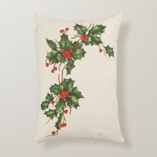 Vintage Christmas, Holly Plant with Red Berries Decorative Cushion