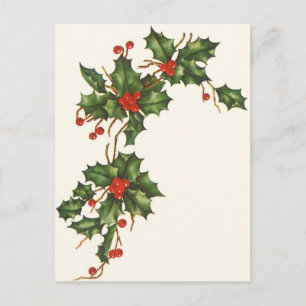 Vintage Christmas, Holly Plant with Red Berries Holiday Postcard