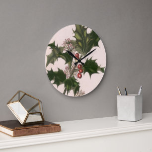 Vintage Christmas, Holly Plant with Red Berries Large Clock