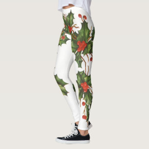 Vintage Christmas, Holly Plant with Red Berries Leggings
