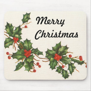 Vintage Christmas, Holly Plant with Red Berries Mouse Mat