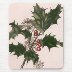 Vintage Christmas, Holly Plant with Red Berries Mouse Mat