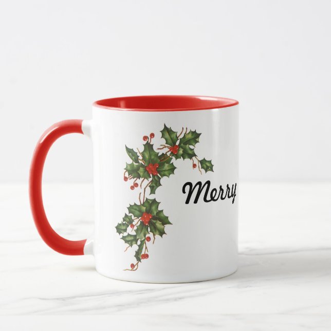 Vintage Christmas, Holly Plant with Red Berries Mug (Left)