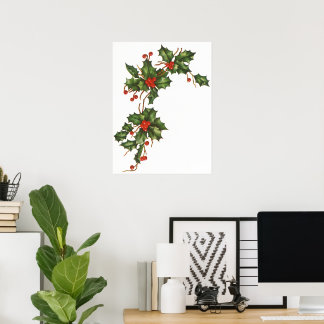 Vintage Christmas, Holly Plant with Red Berries Poster
