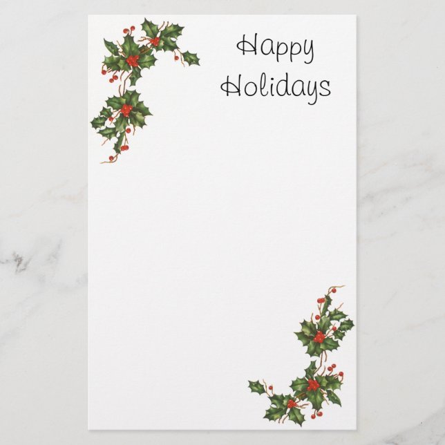 Vintage Christmas, Holly Plant with Red Berries Stationery (Front)