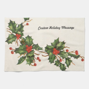 Vintage Christmas, Holly Plant with Red Berries Tea Towel