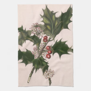 Vintage Christmas, Holly Plant with Red Berries Tea Towel