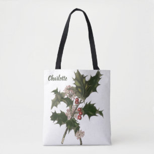 Vintage Christmas, Holly Plant with Red Berries Tote Bag