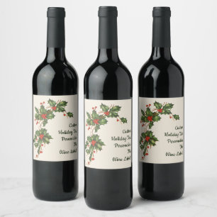 Vintage Christmas, Holly Plant with Red Berries Wine Label