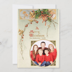Vintage Christmas Holly Round Family Photo  Holiday Card