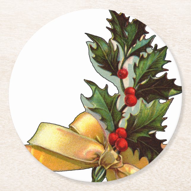 Vintage Christmas Holly Round Paper Coaster (Front)
