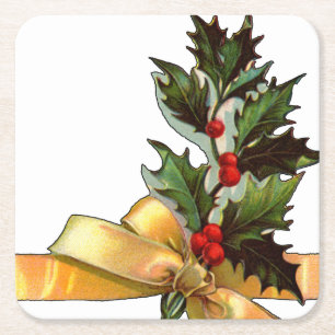 Vintage Christmas Holly Square Paper Coaster
