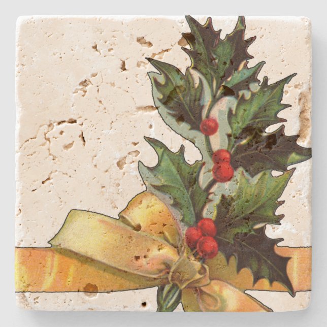 Vintage Christmas Holly Stone Coaster (Front)