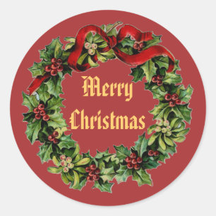 Vintage Christmas Holly Wreath with Red Ribbon V14 Classic Round Sticker
