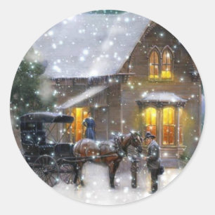 Vintage Christmas Horse Carriage Winter Scene Classic Round Sticker