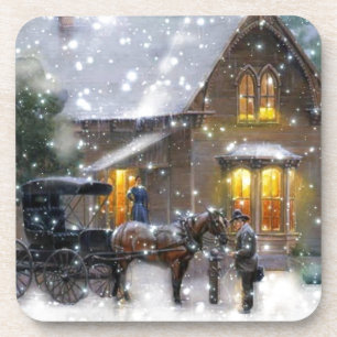 Vintage Christmas Horse Carriage Winter Scene Coaster