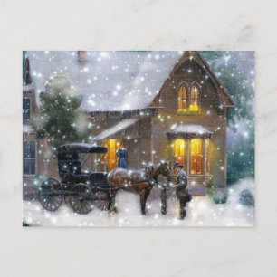 Vintage Christmas Horse Carriage Winter Scene Holiday Postcard