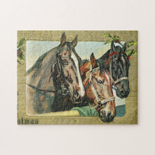 Vintage Christmas Horses Trio With Holly Berries Jigsaw Puzzle