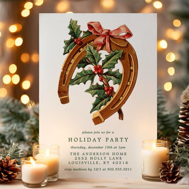 Vintage Christmas Horseshoe Holly Holiday Party Invitation (Creator Uploaded)