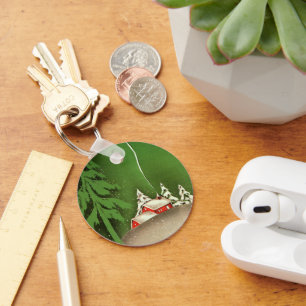 Vintage Christmas, House in Forest Winter Snow Key Ring