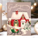 Vintage Christmas House In Snow Greetings Holiday Card<br><div class="desc">Vintage Christmas House In Snow Greetings Holiday Card. This design features a vintage cottage house in the snow. What a beautiful retro holiday scene. Personalise this custom design with your own inside greeting.</div>