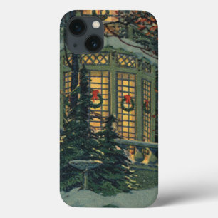Vintage Christmas, House with Wreaths in Windows iPhone 13 Case