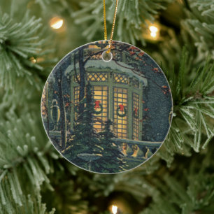 Vintage Christmas, House with Wreaths in Windows Ceramic Tree Decoration