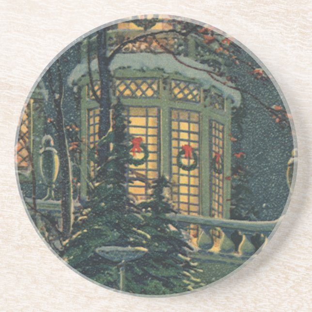 Vintage Christmas, House with Wreaths in Windows Coaster (Front)