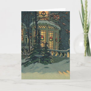 Vintage Christmas, House with Wreaths in Windows Holiday Card