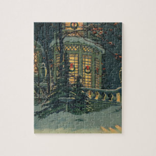 Vintage Christmas, House with Wreaths in Windows Jigsaw Puzzle