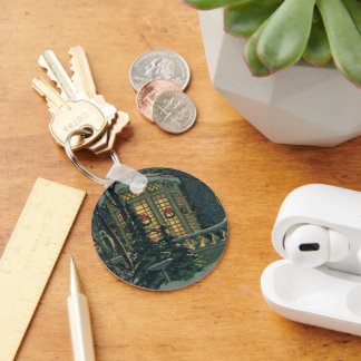 Vintage Christmas, House with Wreaths in Windows Key Ring