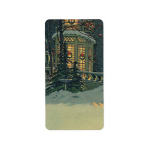 Vintage Christmas, House with Wreaths in Windows Label
