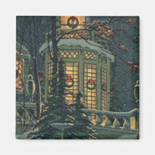 Vintage Christmas, House with Wreaths in Windows Magnet