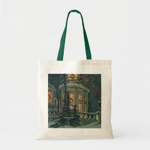 Vintage Christmas, House with Wreaths in Windows Tote Bag