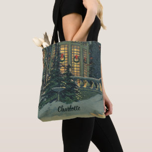 Vintage Christmas, House with Wreaths in Windows Tote Bag