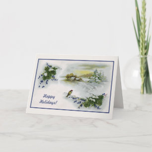 Vintage Christmas houses bird Holiday Card