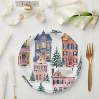 Vintage Christmas Houses Paper Plates