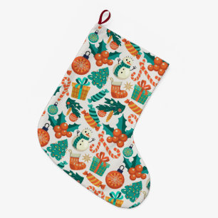 Vintage Christmas Icons Pattern Large Christmas Stocking