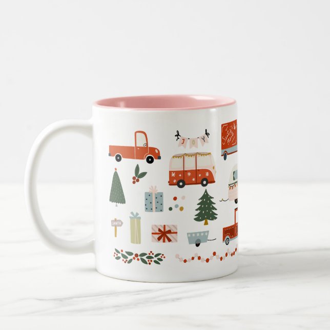Vintage Christmas Illustration Red Trucks Mug (Left)