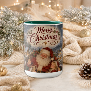 Vintage Christmas Illustration Two-Tone Coffee Mug