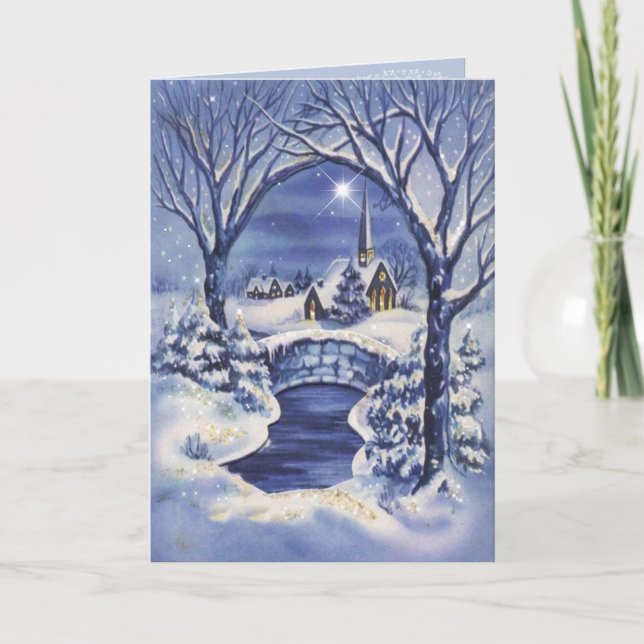 Vintage Christmas Image Church Blue White Holiday Card (Front)