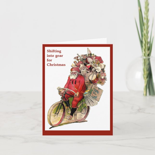 Vintage Christmas image of santa on bicycle bike Holiday Card (Front)