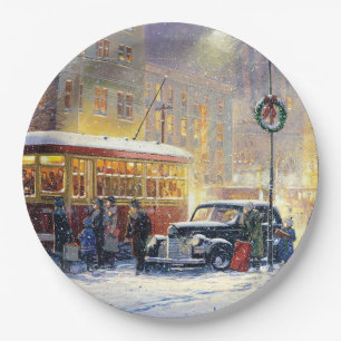 Vintage Christmas in the city Paper Plate