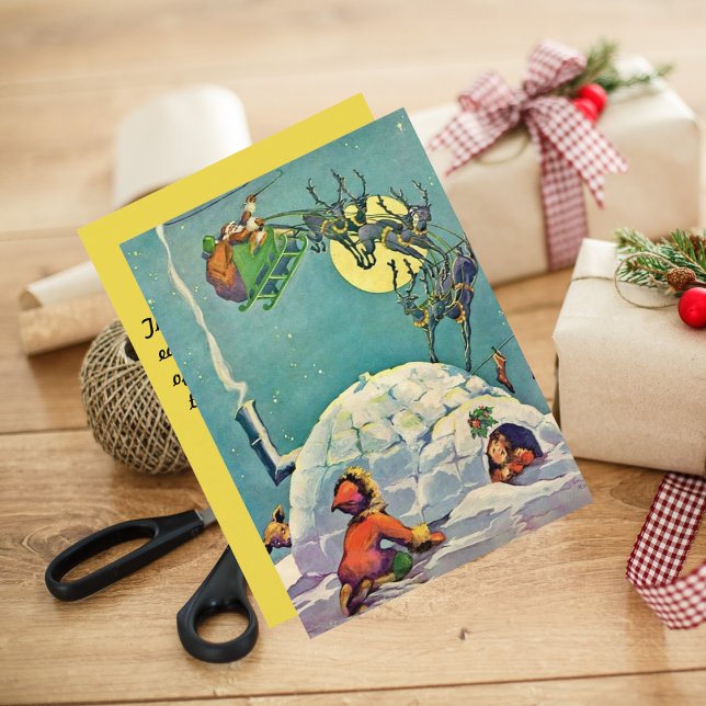 Vintage Christmas Inuit Igloo Santa Flying Holiday Card (Creator Uploaded)