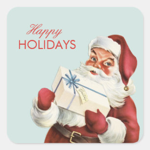 Vintage Christmas Jolly Santa Blue Red Holiday Square Sticker